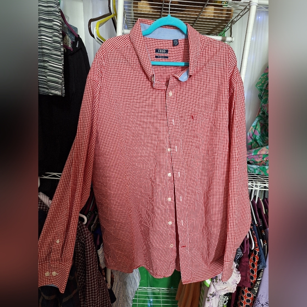 Izod Red Checkered Casual Button Down Shirt